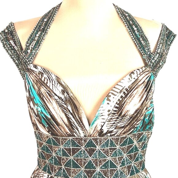Animal Print Maxi Dress S Beaded Halter Brown Teal Flowy Mobwife Charmeuse - Picture 3 of 8